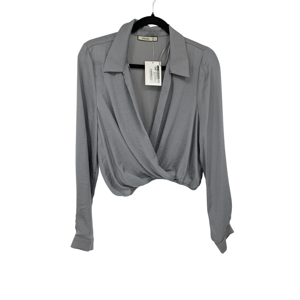 NWT 2Bella Top Womens Large Gray Cropped Crinkle Surplice V-Neck Twist Front